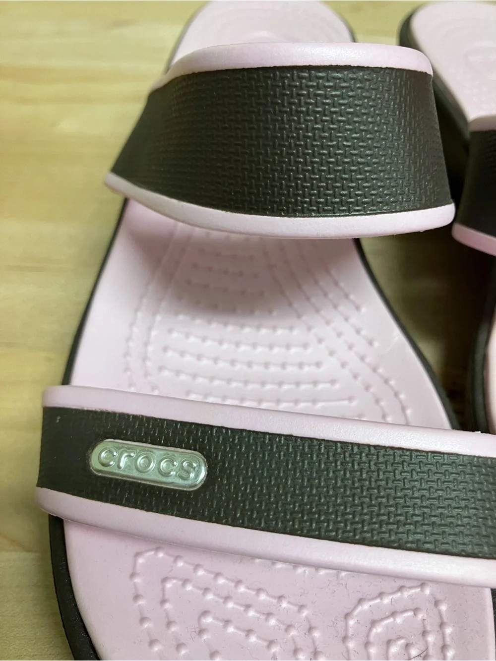 CROCS Two-Strap Slide Sandals in Light Pink and Dark Brown